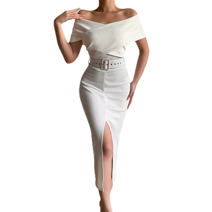Damen figurbetontes Midi-Kleid mit Off-Shoulder-Ausschnitt und seitlichem Schlitz Stalluxe