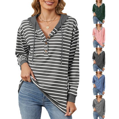 Damen lässiger Streifen-Hoodie mit Knopfleiste und bequemem Schnitt Stalluxe