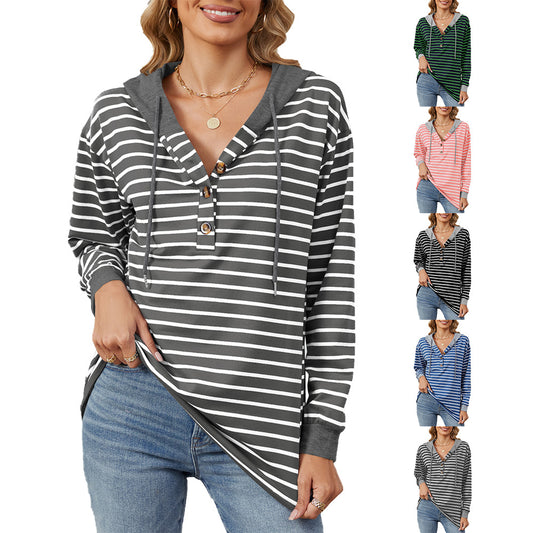 Damen lässiger Streifen-Hoodie mit Knopfleiste und bequemem Schnitt Stalluxe