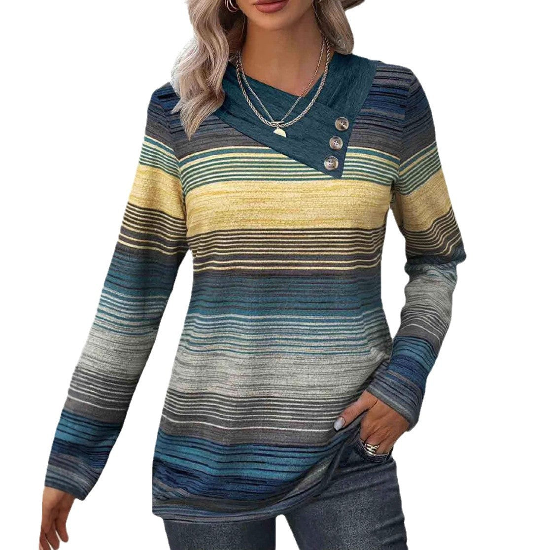 Damen elegantes Langarmshirt mit modernem Streifenmuster und Knopfdetails Stalluxe