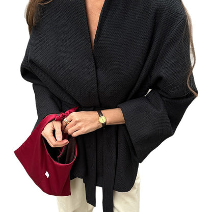 Damen lässige Waffelstoffjacke mit Taillengürtel Stalluxe