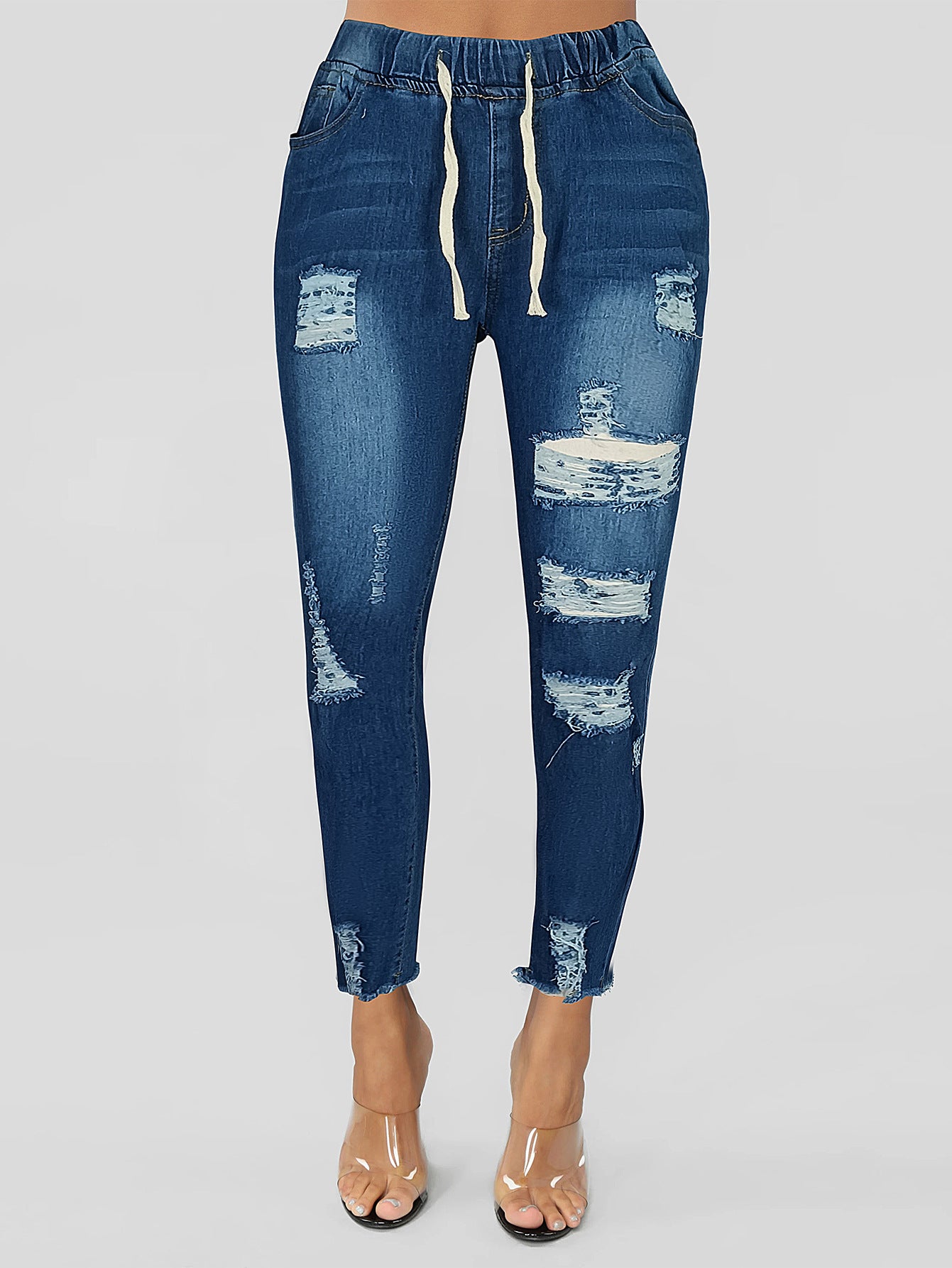 Damen modische Ripped Denim-Hosen mit elastischem Bund und trendy Destroyed-Details Stalluxe Dunkelblau