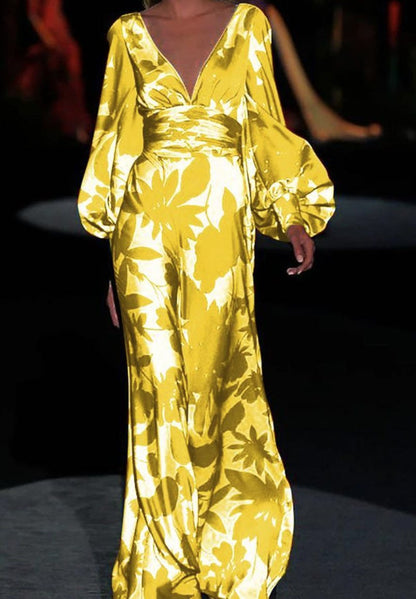Damen Maxikleid mit tiefem V-Ausschnitt und voluminösen Ärmeln Stalluxe