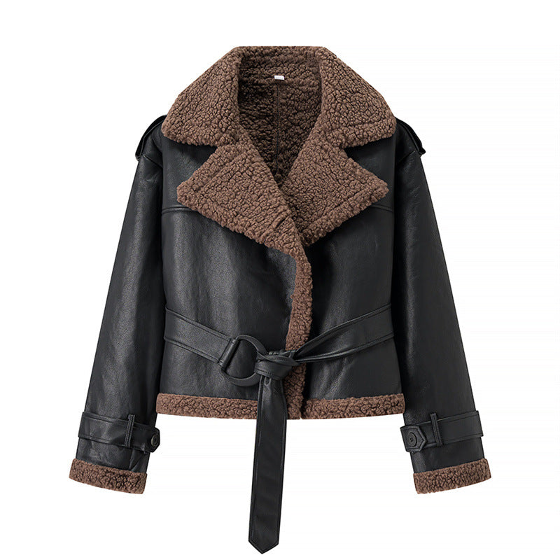 Damen Modische Kunstlederjacke mit kuscheligem Innenfutter und Bindegürtel Stalluxe