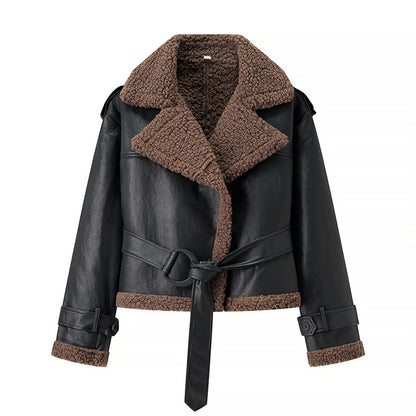 Damen Modische Kunstlederjacke mit kuscheligem Innenfutter und Bindegürtel Stalluxe