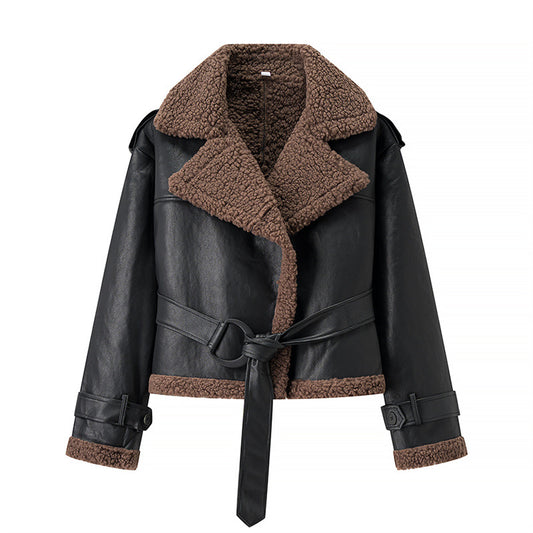 Damen Modische Kunstlederjacke mit kuscheligem Innenfutter und Bindegürtel Stalluxe