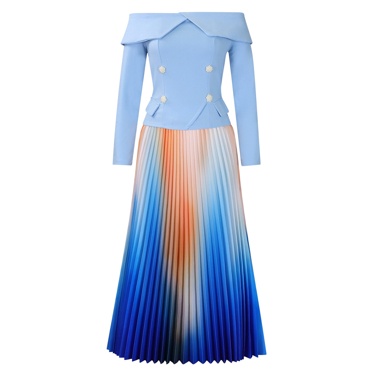 Damen Elegantes Plisseekleid mit schulterfreiem Oberteil und auffälligen Knopfdetails Stalluxe Himmelblau