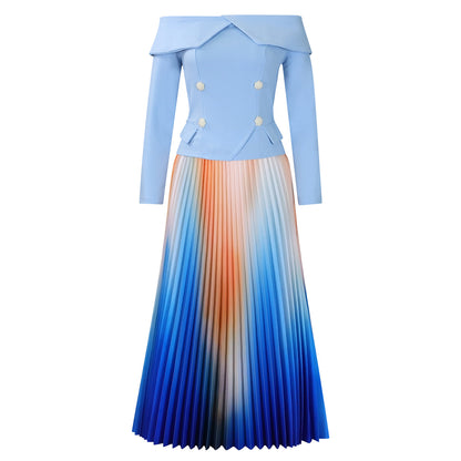 Damen Elegantes Plisseekleid mit schulterfreiem Oberteil und auffälligen Knopfdetails Stalluxe Himmelblau