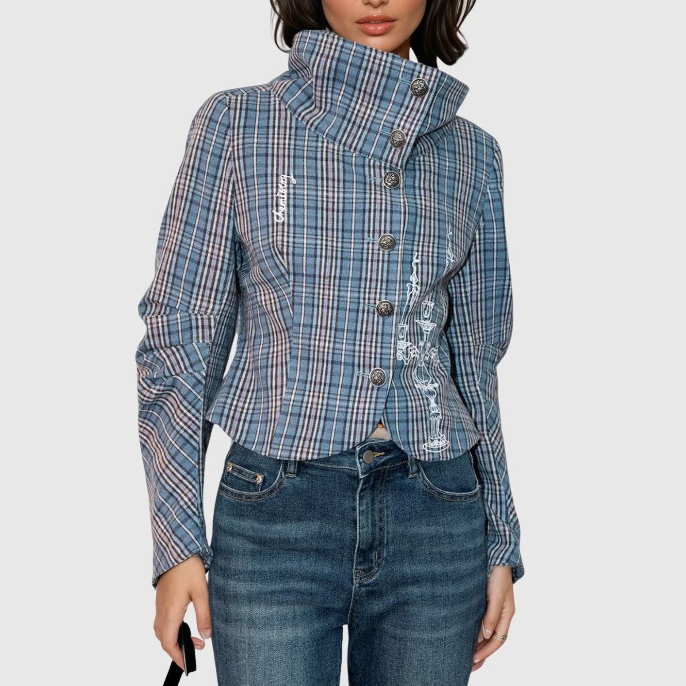 Damen Karierte Blousonjacke mit hohem Kragen und einzigartigen Details Stalluxe Blau