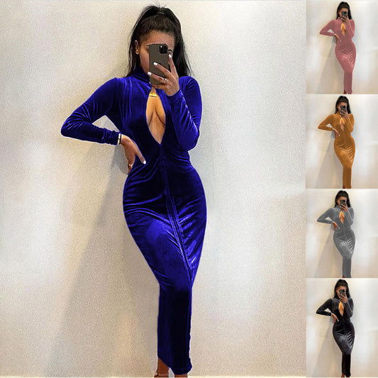 Damen Elegantes Velours-Maxi-Kleid mit tiefem V-Ausschnitt und langen Ärmeln Stalluxe