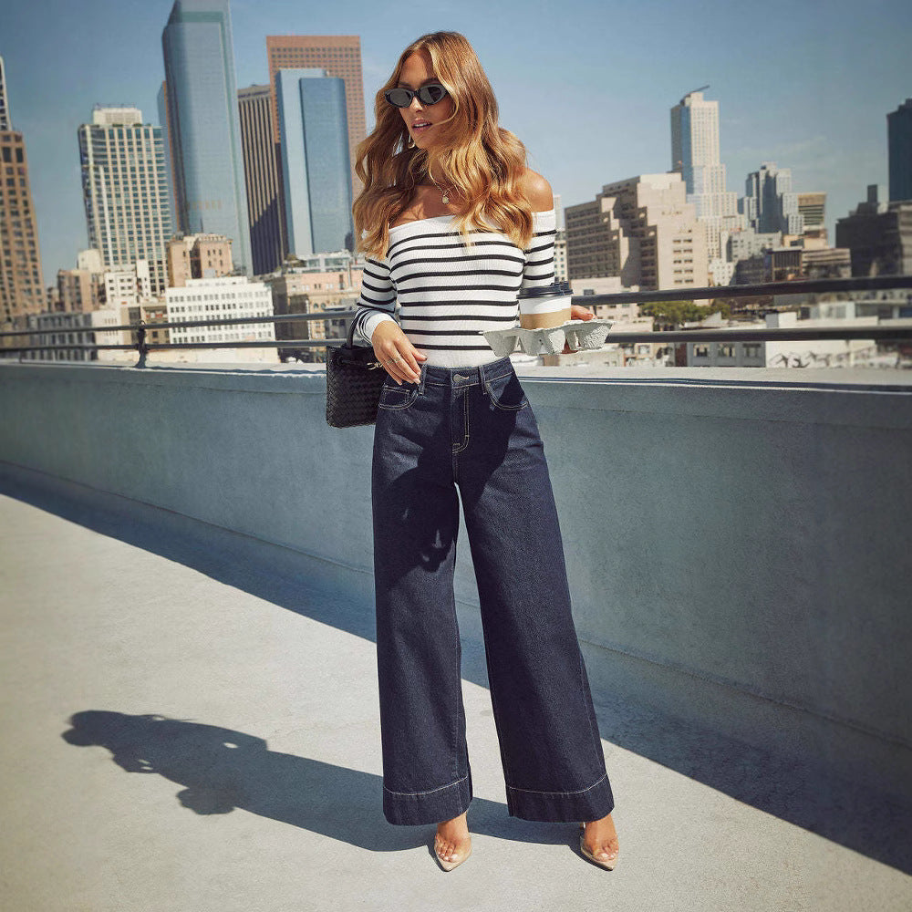 Damen Weit geschnittene Jeanshose mit hohem Bund und eleganter Naht Stalluxe