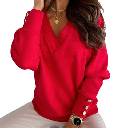 Damen Weicher Pullover mit tiefem V-Ausschnitt und dekorativen Knopfdetails Stalluxe