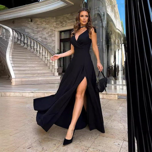 Damen Elegantes Maxi-Kleid mit Seitenschlitz und Bindeträgern Stalluxe