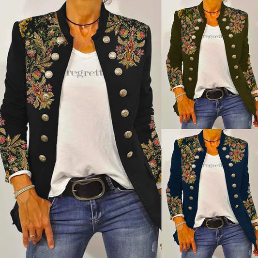 Damen Elegante Blazerjacke mit floralem Stickdesign und kontrastierenden Knöpfen Stalluxe