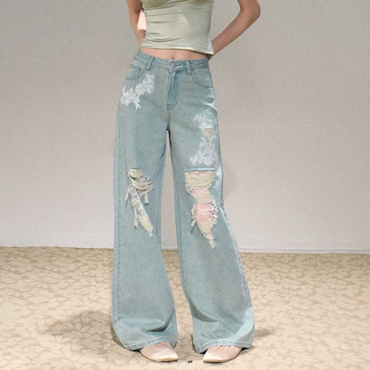 Damen Weit geschnittene Jeans mit individuellen Destroyed-Details und floralem Print Stalluxe