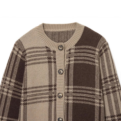 Damen modischer Karoknit-Pullover mit Knopfleiste und Rundhalsausschnitt Stalluxe