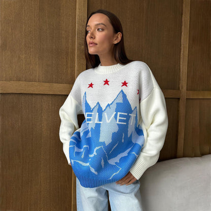 Damen Großer Strickpullover mit grafischem Bergdesign und stylischen Sternen Stalluxe