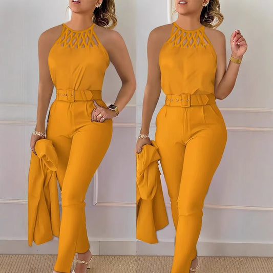 Damen Elegantes und figurbetontes Jumpsuit mit Racerback und Gürtel Stalluxe