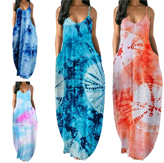 Women's Bohemian Tie-Dye Maxi Dress with Pockets Stalluxe