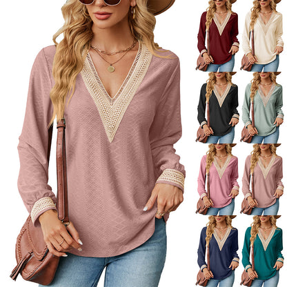 Damen Langarm Blusenshirt mit dekorativem V-Ausschnitt und Häkelelementen Stalluxe