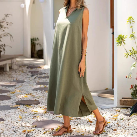 Damen Lässiges Maxikleid mit seitlichen Schlitzen und modischem Kragen Stalluxe