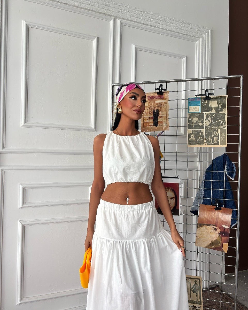Damen Cropped Top und Maxi-Rock Set mit elastischem Bündchen und Volant Stalluxe