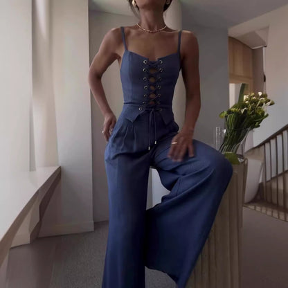 Damen Eleganter Jumpsuit mit Schnürung und weitem Bein Stalluxe