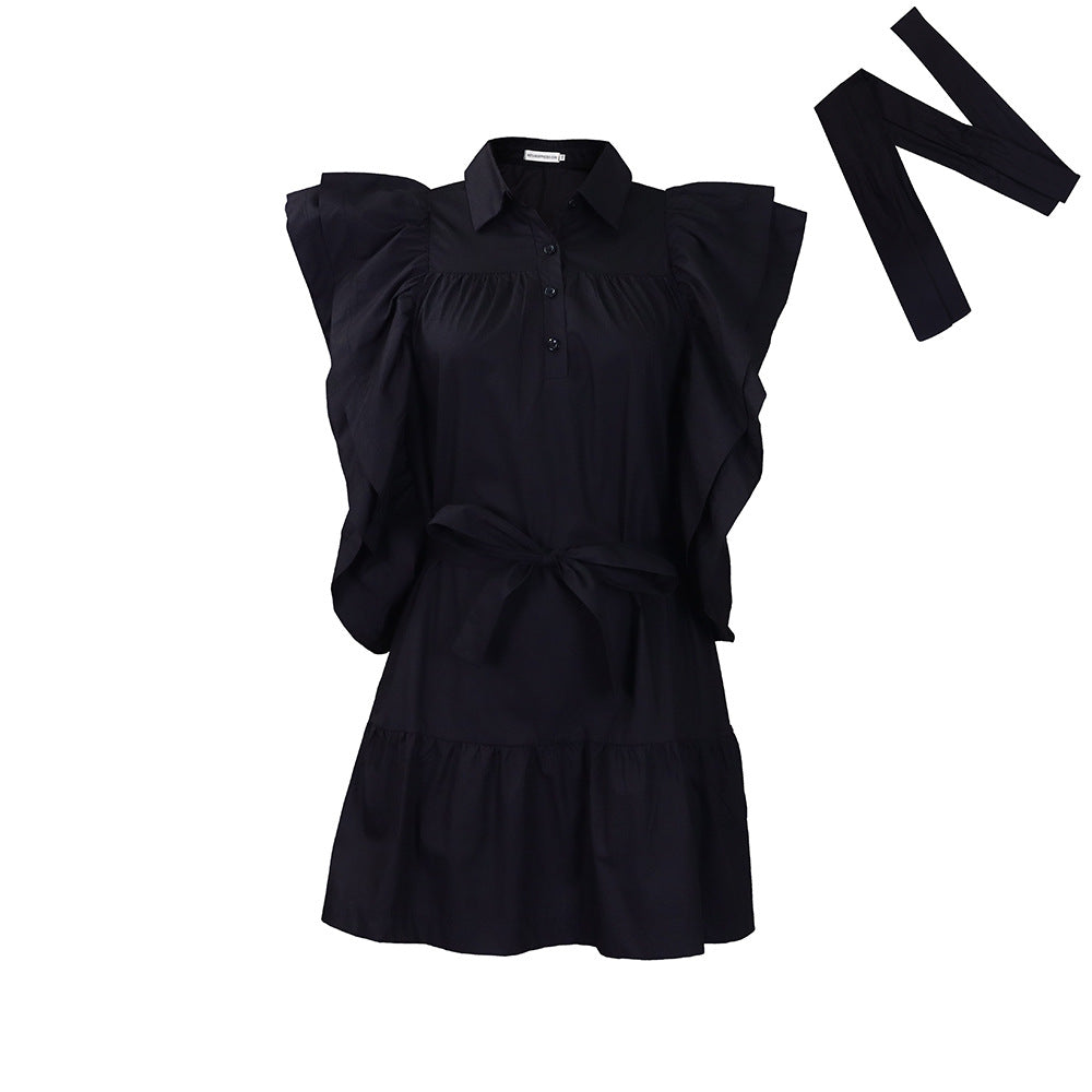 Damen Hemdblusenkleid mit voluminösen Rüschenärmeln und Taillengürtel Stalluxe Schwarz