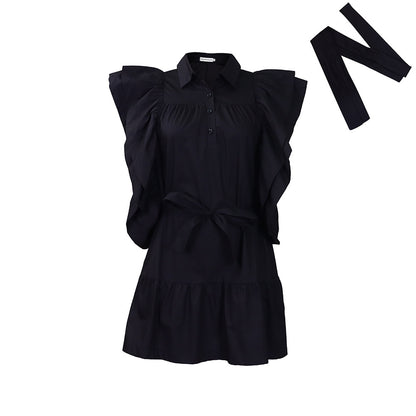 Damen Hemdblusenkleid mit voluminösen Rüschenärmeln und Taillengürtel Stalluxe Schwarz