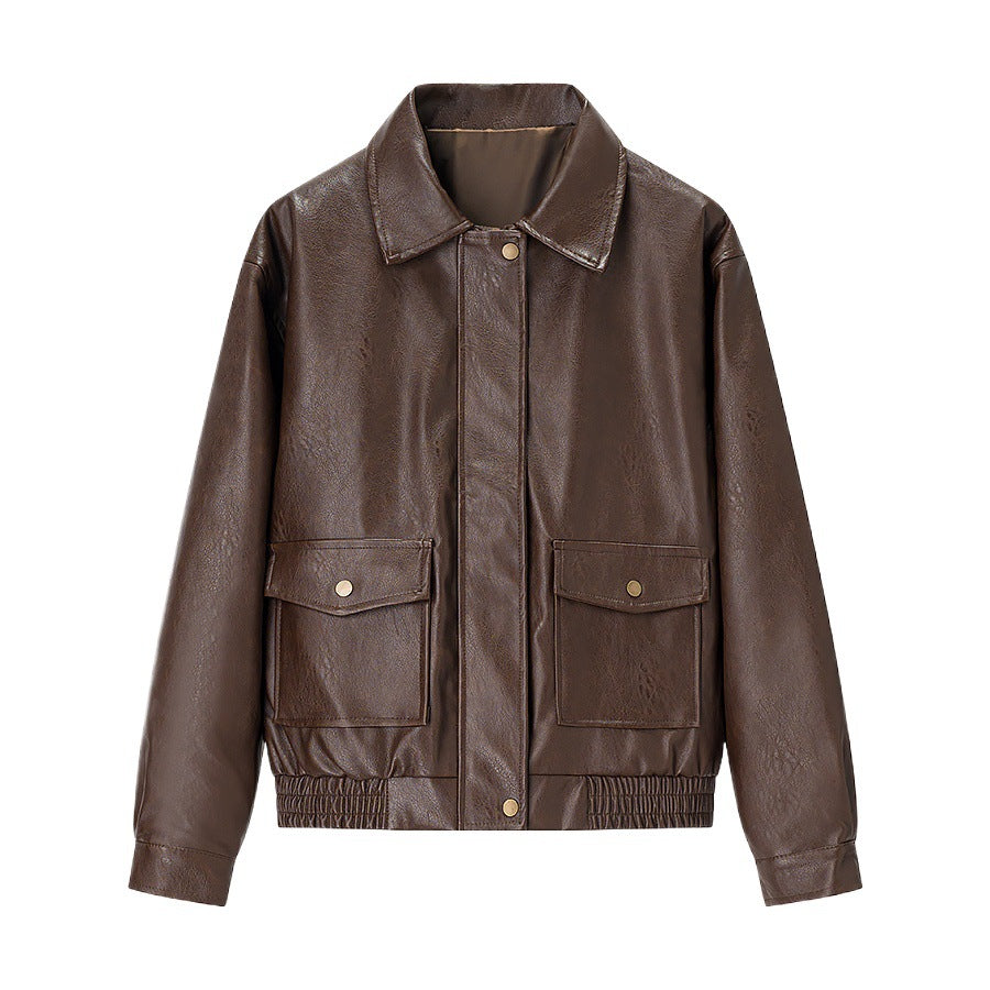 Damen modische Kunstlederjacke mit praktischen Pattentaschen und elastischem Saum Stalluxe