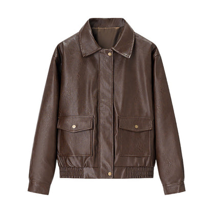 Damen modische Kunstlederjacke mit praktischen Pattentaschen und elastischem Saum Stalluxe