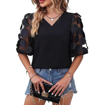 Damen Elegantes Oberteil mit transparenten Puffärmeln und V-Ausschnitt Stalluxe