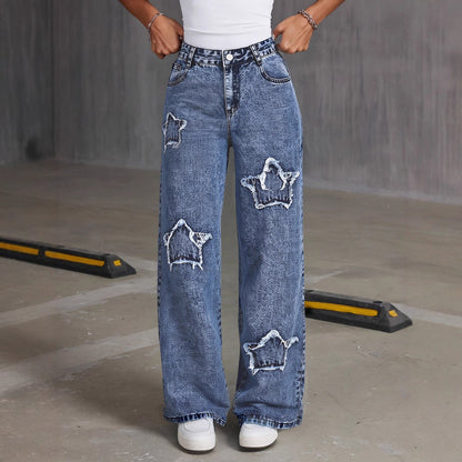 Damen Destroyed Jeans mit Sternenmotiv Stalluxe