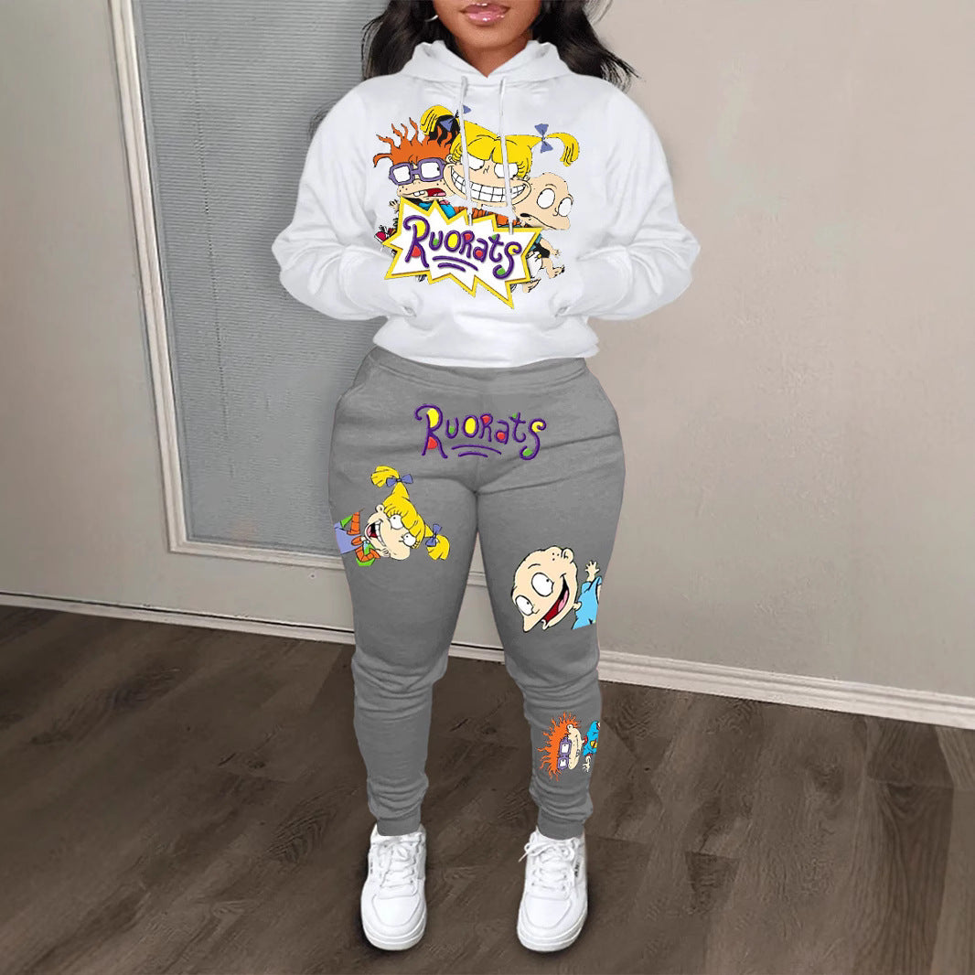 Damen Hoodie und Jogginghose Set mit farbenfrohen Cartoon-Motiven Stalluxe