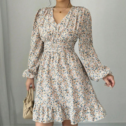 Damen Blütenverziertes Minikleid mit tiefem V-Ausschnitt und voluminösen Ärmeln Stalluxe