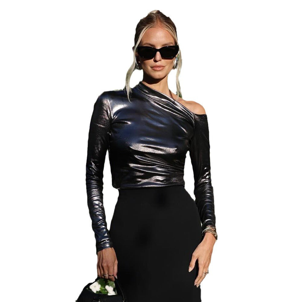 Damen Langarm-Oberteil mit asymmetrischem Schnitt und glänzendem Finish Stalluxe