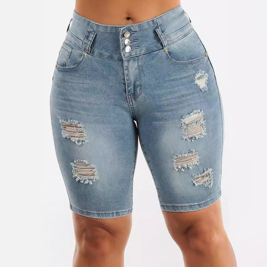 Damen Jeansbermuda mit hohen Bund und Destroyed-Details Stalluxe