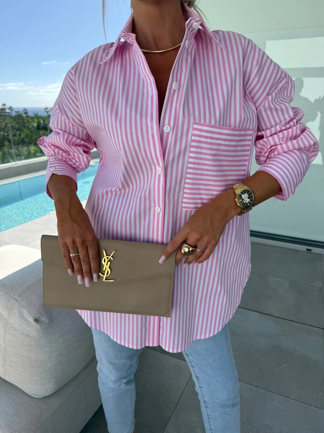 Damen Streifenbluse im lässigen Oversized-Stil mit Brusttasche Stalluxe