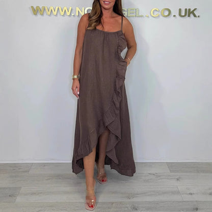 Damen luftiges Maxikleid mit asymmetrischem Saum und feinen Rüschendetails Stalluxe