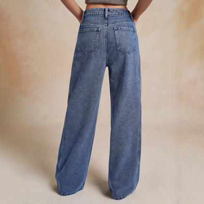 Damen Weit geschnittene Denim-Hose mit hohem Bund und modischen Nähten Stalluxe