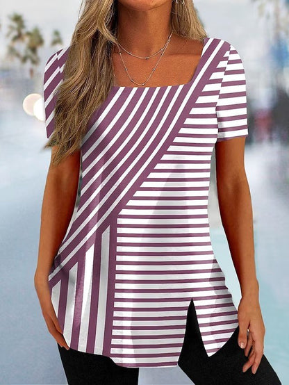 Damen modisches Kurzarmshirt mit asymmetrischem Streifenmuster Stalluxe