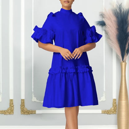 Damen Rüschenkleid mit hohem Kragen und Volantärmeln Stalluxe