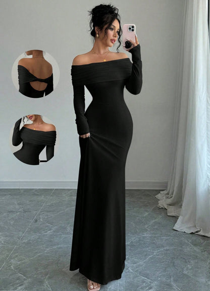 Damen elegantes Schulterfreies Langarm-Maxi-Kleid mit raffinierten Rückendetails Stalluxe