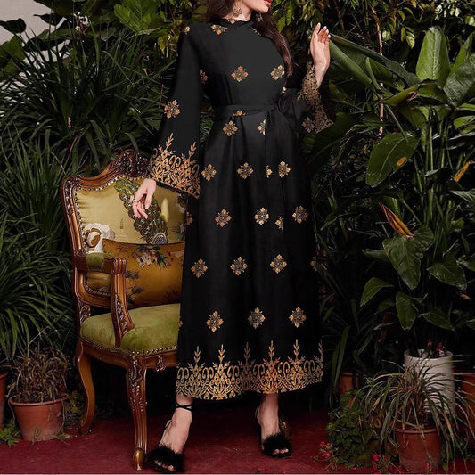 Damen festliches Abendkleid mit elegantem Gold- und Blumenmuster Stalluxe