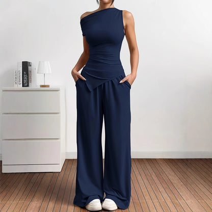 Damen Elegante Jumpsuit-Kombination mit asymmetrischem Oberteil und weitem Bein Stalluxe