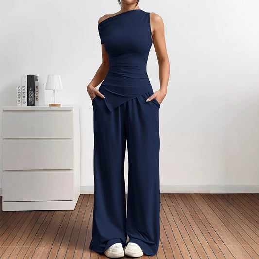 Damen Elegante Jumpsuit-Kombination mit asymmetrischem Oberteil und weitem Bein Stalluxe