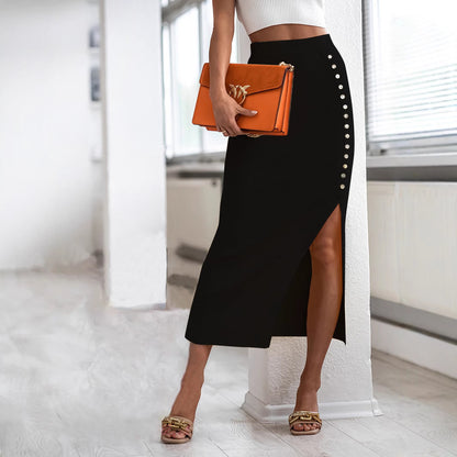 Damen Knielanger Strickrock mit seitlichem Schlitz und Knopfdetails Stalluxe