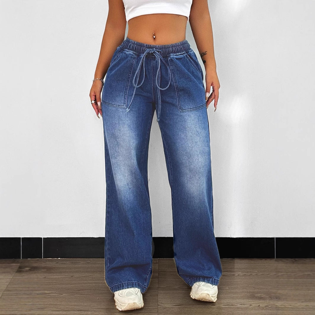 Damen Weite Jeanshose mit elastischem Bund und modischen Taschen Stalluxe