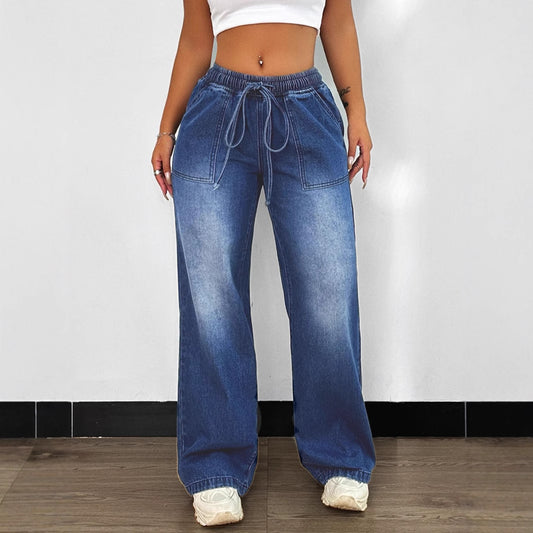 Damen Weite Jeanshose mit elastischem Bund und modischen Taschen Stalluxe