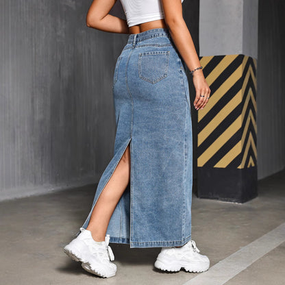 Damen Maxirock aus Denim mit figurschmeichelndem Schnitt und praktischen Taschen Stalluxe